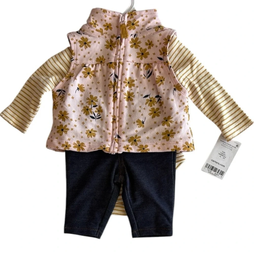 Carter’s Pink and Tan Floral Vest Striped Bodysuit and Pant Set - Picture 2 of 16